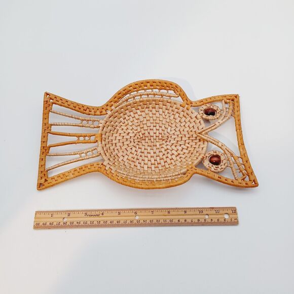 Vtg MCM OWL Rattan Raffia Boho Wall Trinket Table Decor Nature - Picture 6 of 8